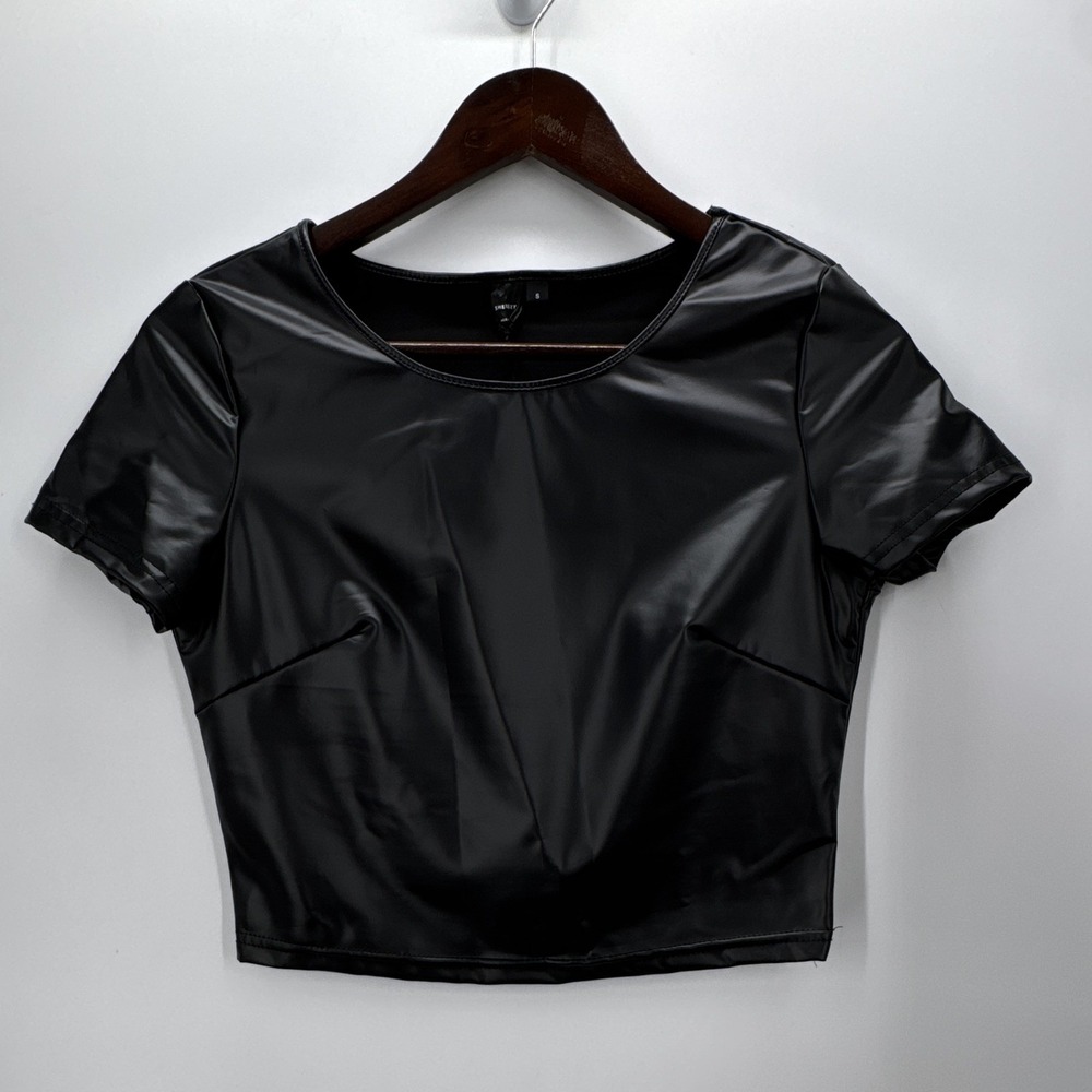 SHEINSXY Black Faux Leather Crop Top Short Sleeve Scoop Neck S Y2K Edgy